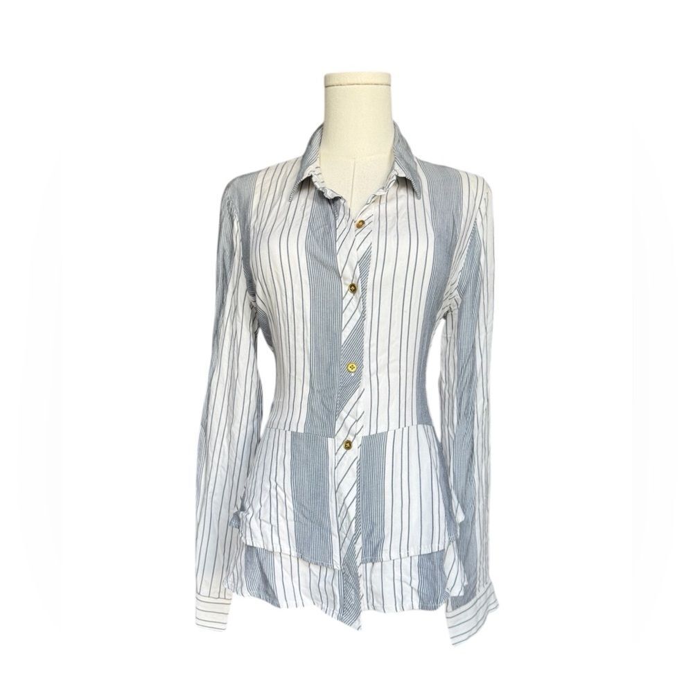 Donna Karan New York Neiman Marcus Tunic peplum Button Down White/Gray Striped M